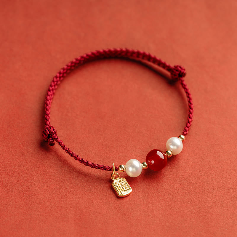 Buddha Stones925 スターリングシルバー 幸運の福の文字瑪瑙真珠 赤い紐編みブレスレット