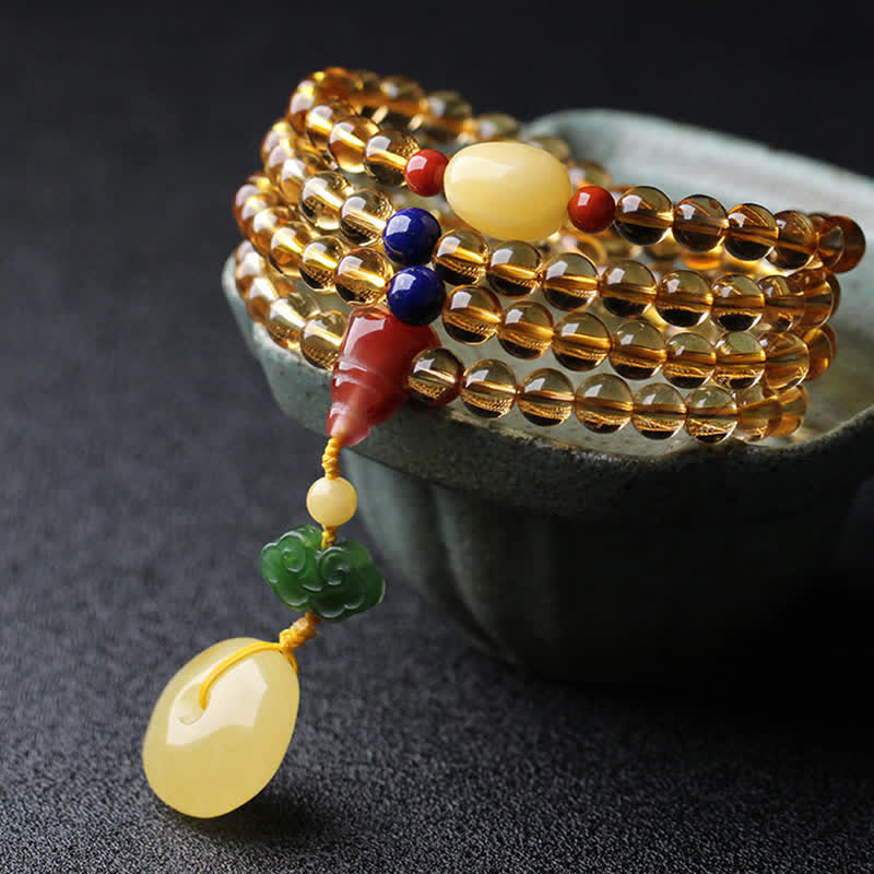 108個のマーラー数珠ビーズ、天然シトリン、アンバー、平和のお守りチャーム、レッドアゲート、貔貅（ピクシウ）保護チャームブレスレット - image 10