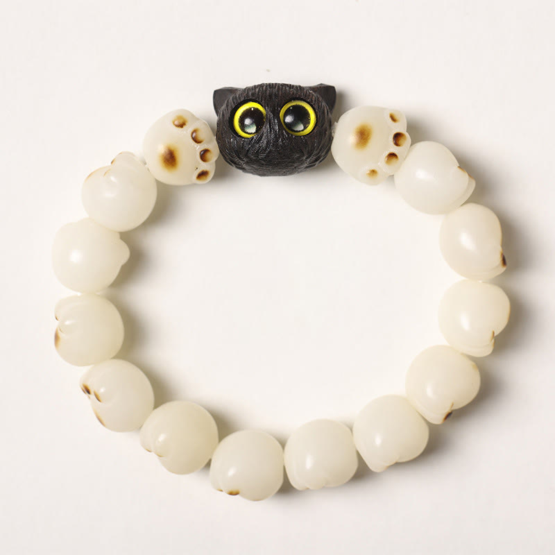 Buddha Stones天然菩提樹 愛らしい足跡黒檀招き猫 知恵のブレスレット - 白菩提種子 - シンプルバージョン（手首周り14～15cm） - image 17