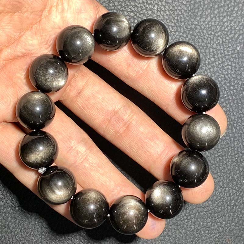Buddha Stones天然銀光沢黒曜石 癒しの保護ブレスレット