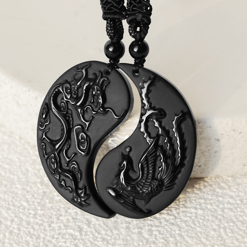 Buddha Stones黒曜石 陰陽龍鳳凰 幸運のネックレスペンダント - image 3
