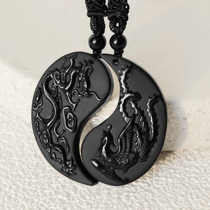 Buddha Stones黒曜石 陰陽龍鳳凰 幸運のネックレスペンダント - image 3