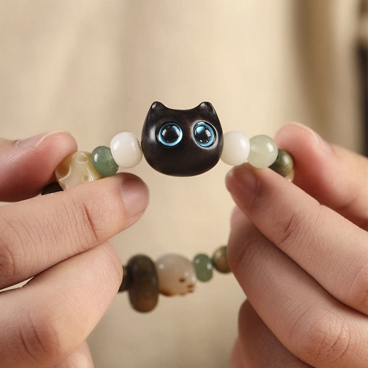 Buddha Stones菩提樹 緑白檀黒檀小葉紫檀猫の頭 足爪 平和ブレスレット - image 4