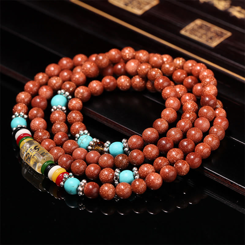 Buddha Stones 108Malaビーズ ゴールドストーンOm Mani Padme Humスワスティカ 自信のブレスレット