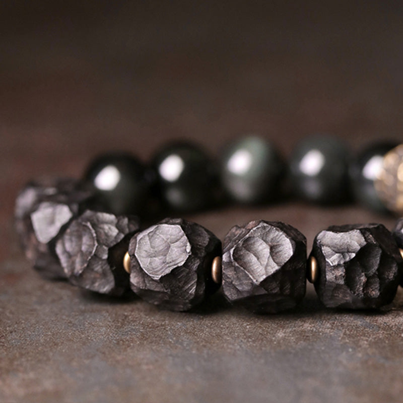 Buddha Stones黒曜石 黒檀 木 銅 強さ カップル ブレスレット