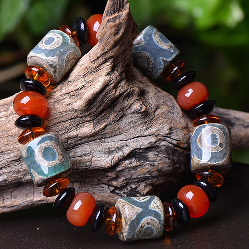 Buddha Stonesチベット三眼ビーズ瑪瑙 守護 幸福 ブレスレット