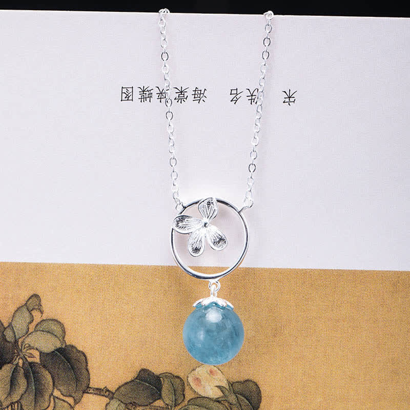 Buddha Stones 925スターリングシルバー 天然アクアマリン リーフフラワー ピース イヤリング ネックレス