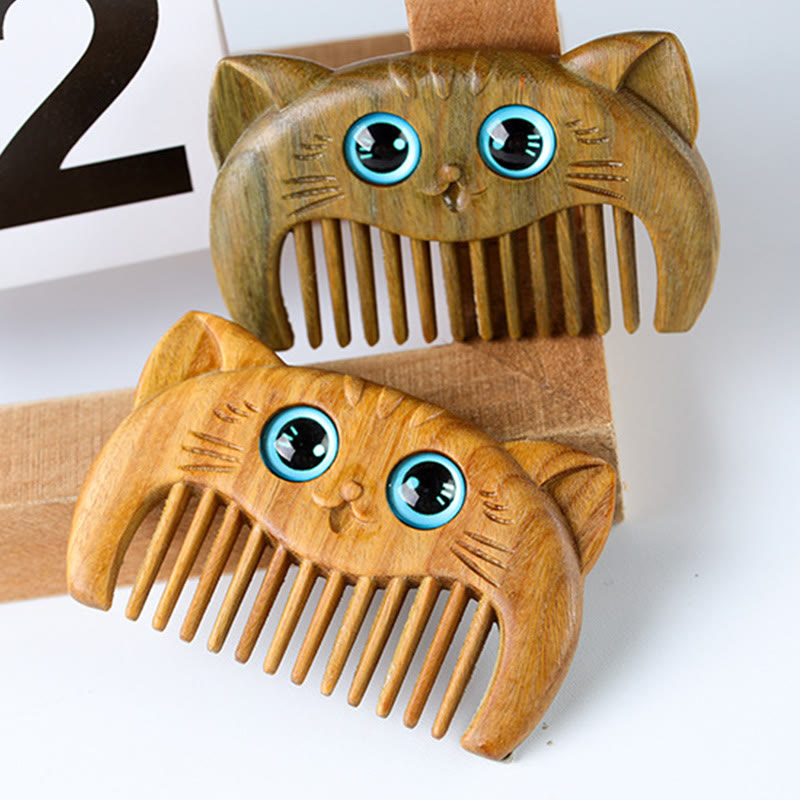 シンプルな猫柄のグリーンサンダルウッドキュアポータブルコーム - image 3