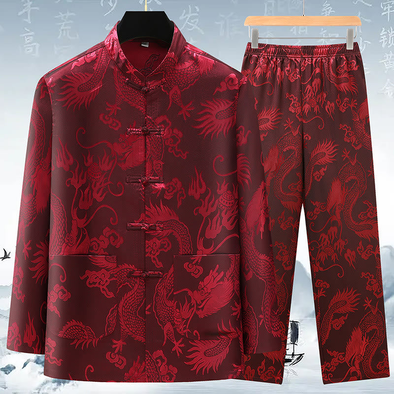Buddha Stones唐装男性漢服中国龍伝統衣装カンフーシャツ制服長袖コートトップスとパンツ衣類メンズセット - ワインレッド - US/UK/AU42、 EU52 (3XL) - image 14