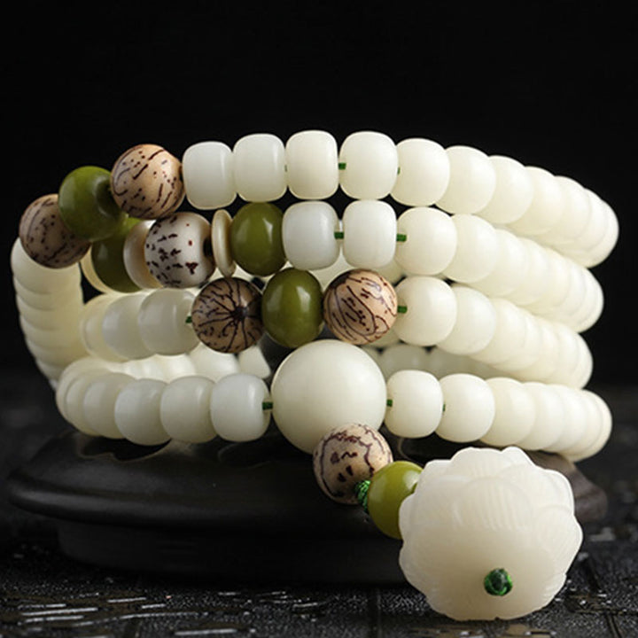 Buddha Stones 白翡翠＆菩提樹ビーズ マーラ 念珠ネックレス 蓮チャーム付き