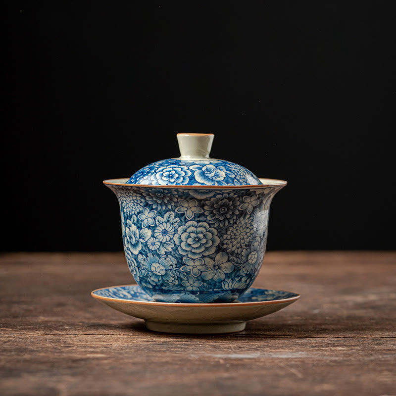 Buddha Stonesヴィンテージ青と白の磁器桃の花蓮牡丹セラミック蓋碗三彩ティーカップカンフーティーカップとソーサー蓋付き - 9cm×9.7cm×150ml（ソーサー11cm） - image 14