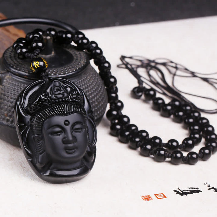 Buddha Stones天然黒曜石 観音菩薩 強さの紐ネックレスペンダント - ブラックオブシディアン（浄化♥変容） - image 1