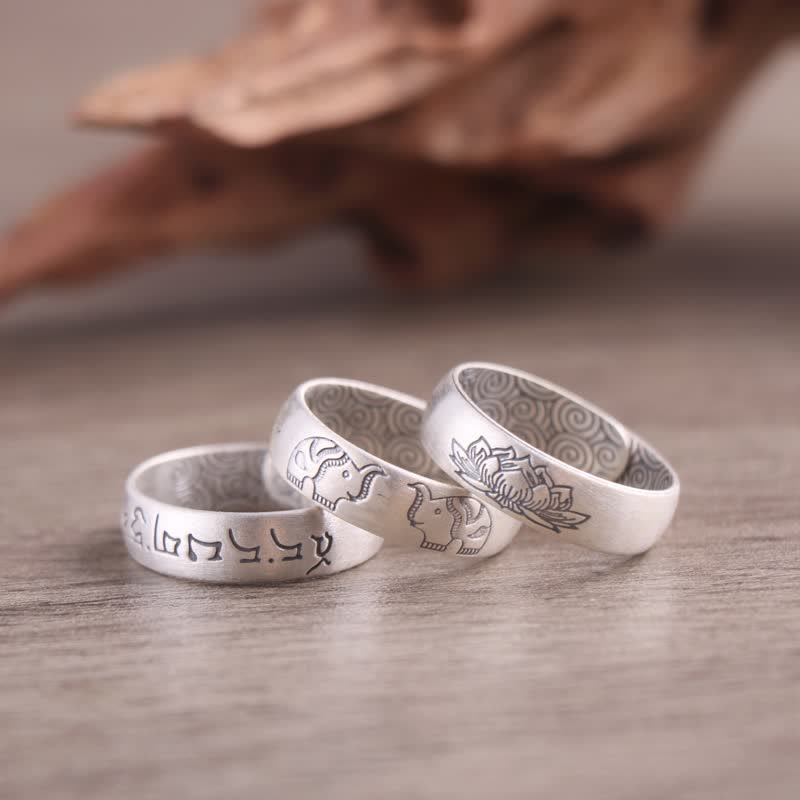Buddha Stones999 スターリングシルバー 蓮の象 六つの真実の言葉 祝福リング - image 0