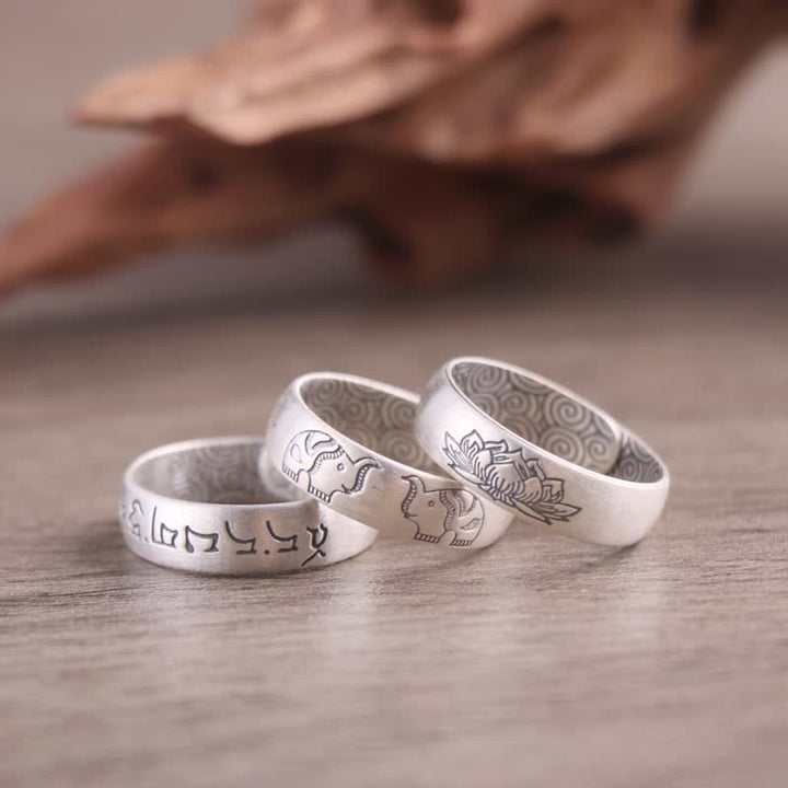 Buddha Stones999 スターリングシルバー 蓮の象 六つの真実の言葉 祝福リング - image 0