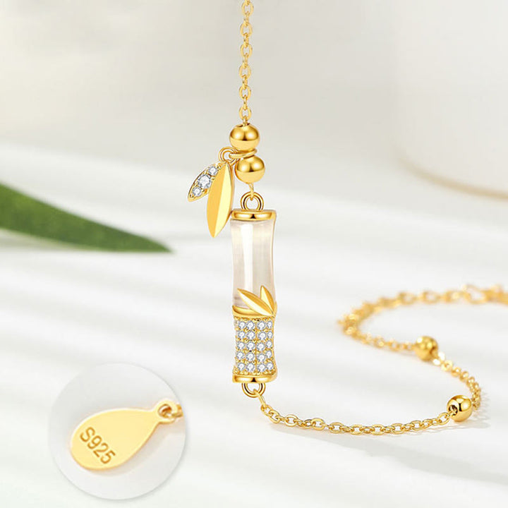 Buddha Stones 925スターリングシルバー 18Kゴールドメッキ ホワイトジェイド 竹 ジルコン リーフ幸運ブレスレット - image 4