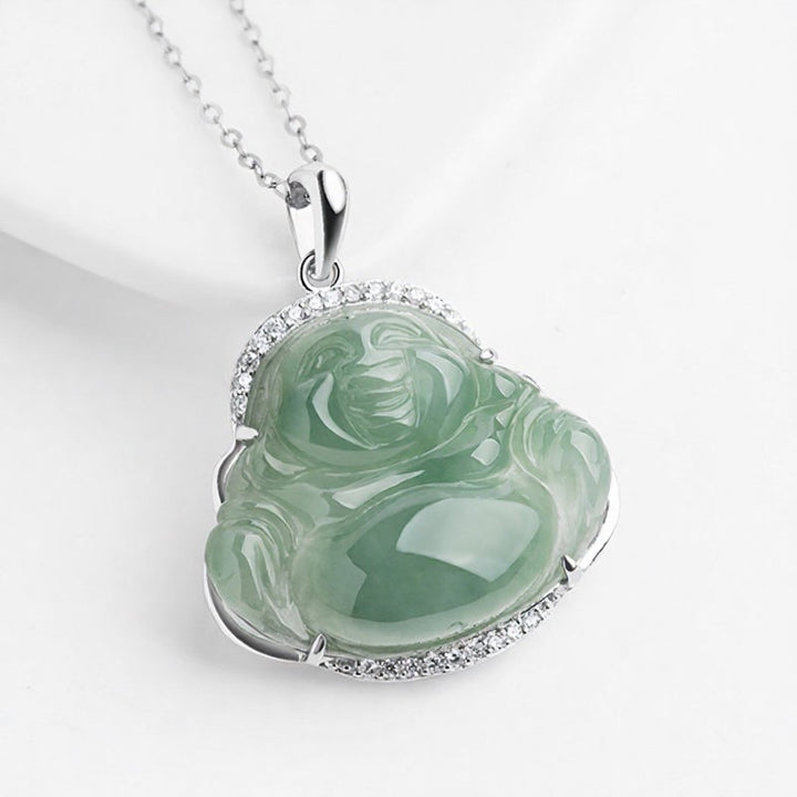 Buddha Stones 925スターリングシルバー象嵌グリーンジェイド笑う仏陀幸運ペンダントチタン鋼チェーンネックレス - image 1