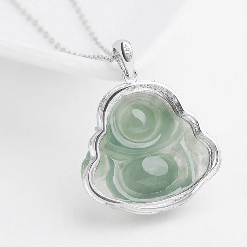 Buddha Stones 925スターリングシルバー象嵌グリーンジェイド笑う仏陀幸運ペンダントチタン鋼チェーンネックレス - image 2