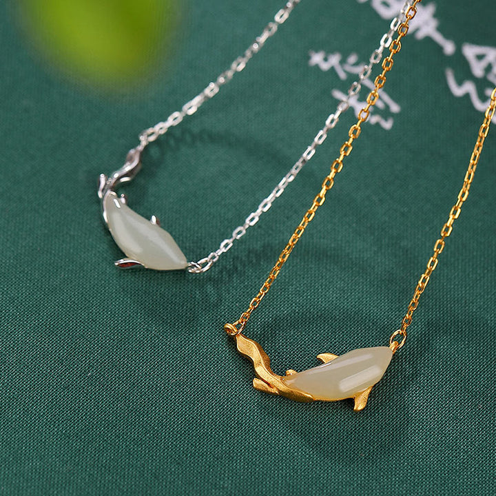 Buddha Stones925スターリングシルバー ホワイトジェイド ドルフィン 幸運のネックレスペンダント - image 1