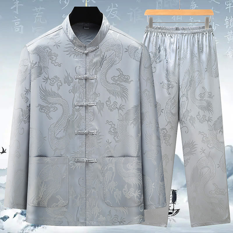Buddha Stones唐装男性漢服中国龍伝統衣装カンフーシャツ制服長袖コートトップスとパンツ衣類メンズセット - グレー - US/UK/AU42、 EU52 (3XL) - image 0