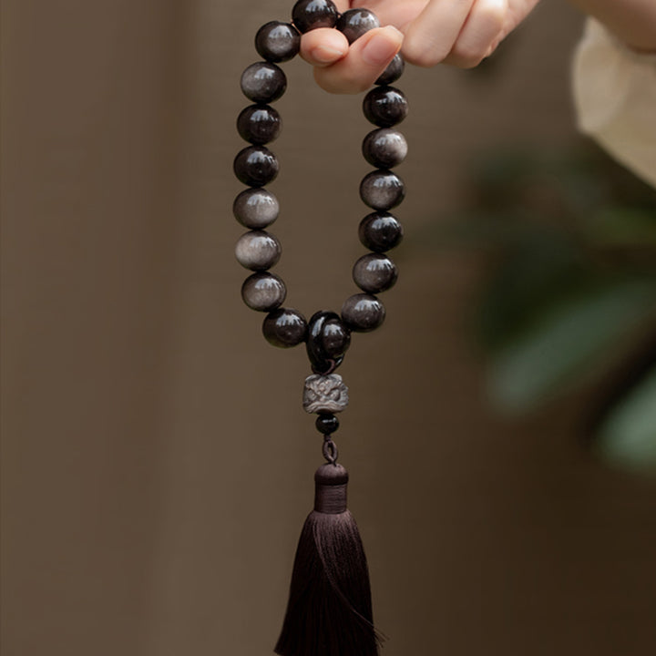 Buddha Stones天然銀光沢黒曜石 黒曜石 ライオン手首Mala保護タッセル ポケットMala車の装飾