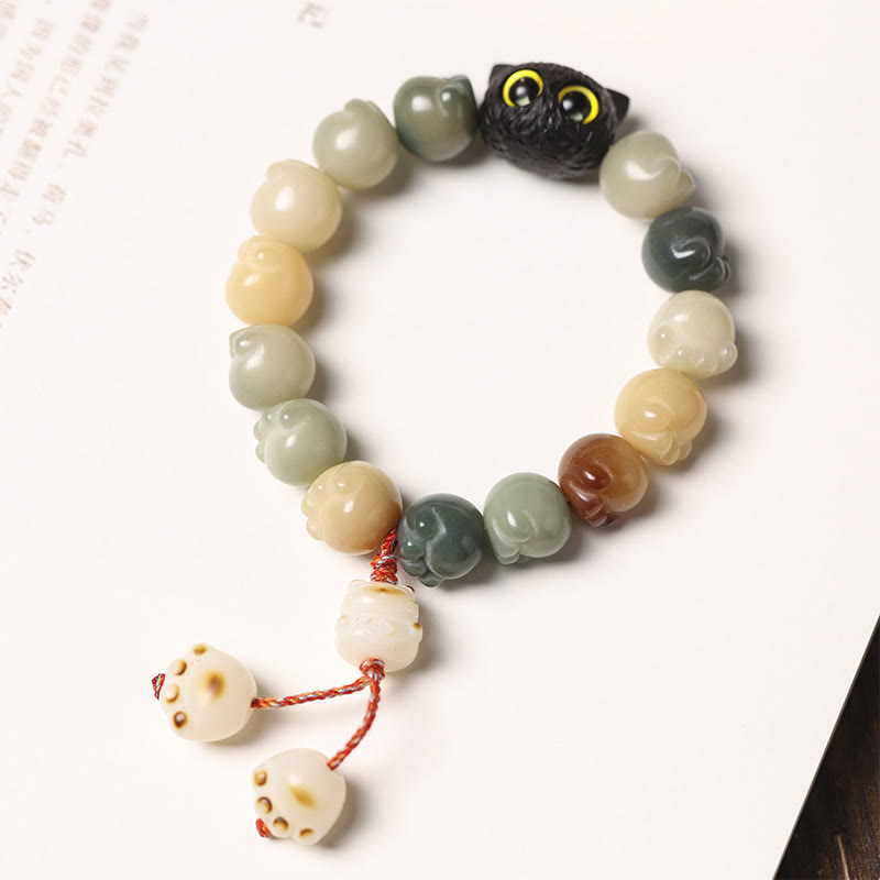 Buddha Stones天然菩提樹 愛らしい足跡黒檀招き猫 知恵のブレスレット - image 8