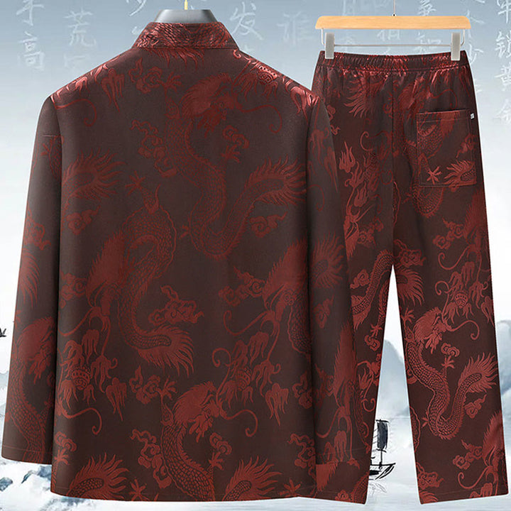 Buddha Stones唐装男性漢服中国龍伝統衣装カンフーシャツ制服長袖コートトップスとパンツ衣類メンズセット - image 4