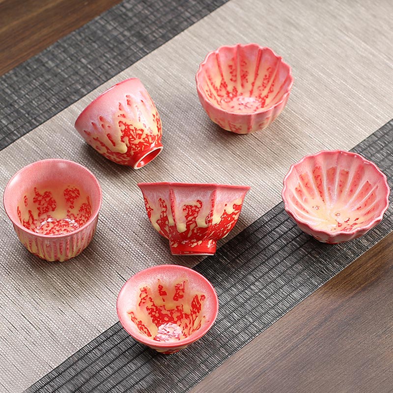 Buddha Stonesレトロ ブルー レッド グラデーション 蓮柄 窯変 陶器 ティーカップ カンフー ティーカップ ボウル