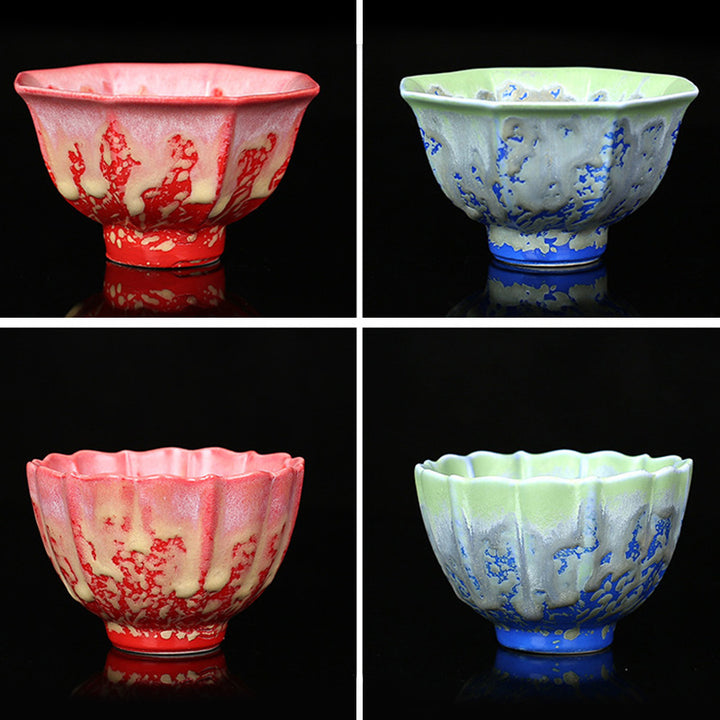Buddha Stonesレトロ ブルー レッド グラデーション 蓮柄 窯変 陶器 ティーカップ カンフー ティーカップ ボウル
