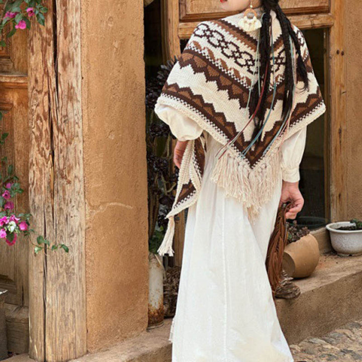 Buddha Stonesチベットストライプブラウンベージュタッセルショール冬用快適トラベルスカーフラップ - 185×65cm - image 0