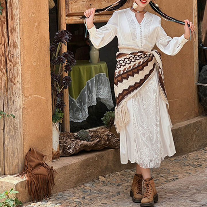 Buddha Stonesチベットストライプブラウンベージュタッセルショール冬用快適トラベルスカーフラップ - image 7