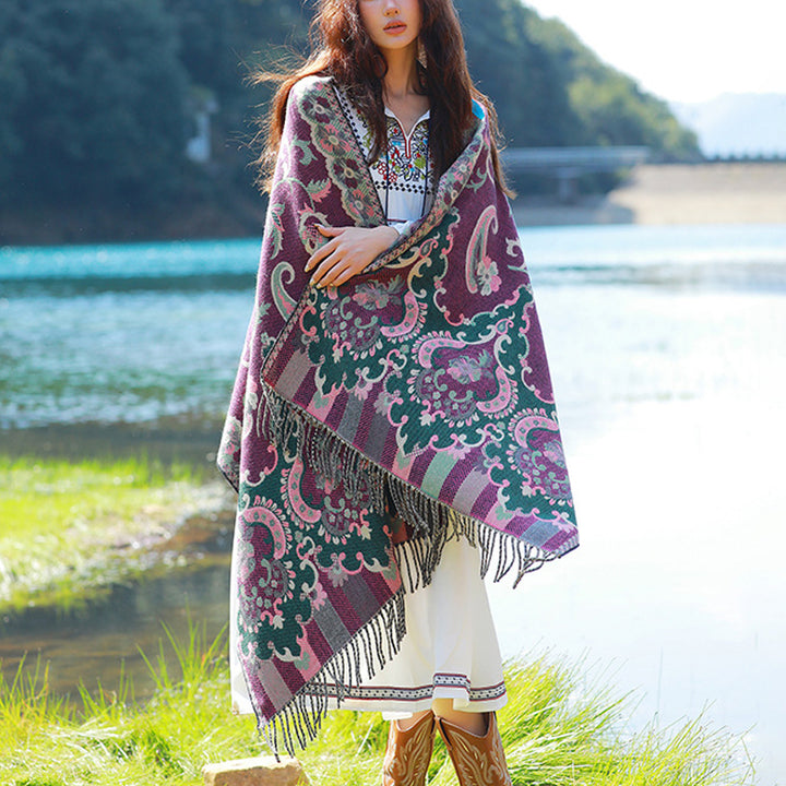 Buddha Stones、チベットの花、葉、枝のデザイン、タッセルショール、心地よい旅行用スカーフラップ - 紫 - image 10