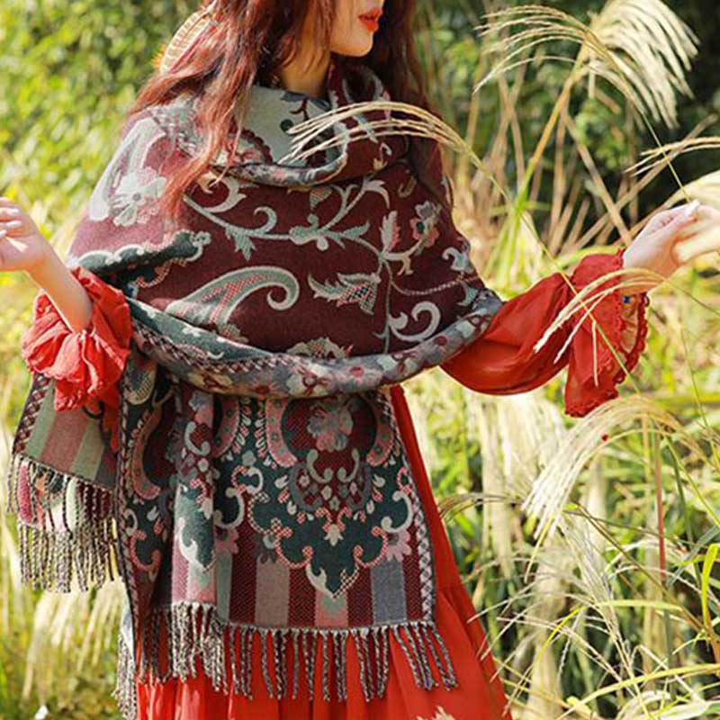 Buddha Stones、チベットの花、葉、枝のデザイン、タッセルショール、心地よい旅行用スカーフラップ - image 8