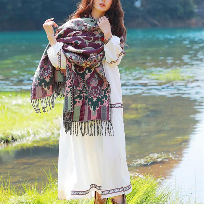 Buddha Stones、チベットの花、葉、枝のデザイン、タッセルショール、心地よい旅行用スカーフラップ - image 17