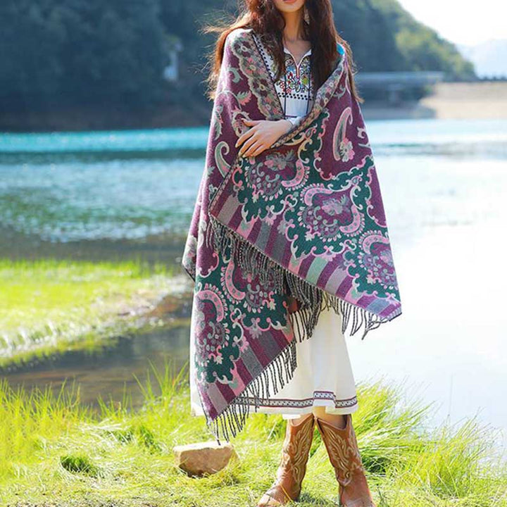 Buddha Stones、チベットの花、葉、枝のデザイン、タッセルショール、心地よい旅行用スカーフラップ - image 13