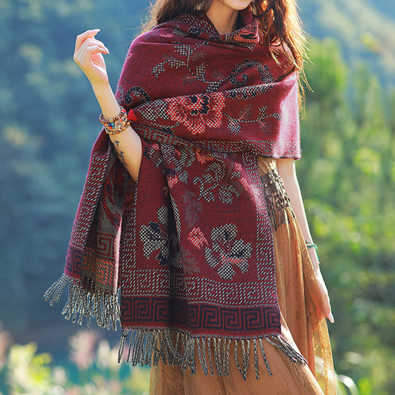 Buddha Stones、チベットの花、葉の模様デザインショール、心地よい旅行用スカーフラップ - ダークレッド - image 19