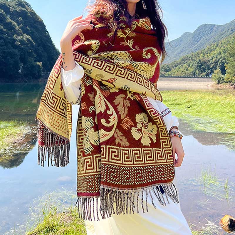 Buddha Stones、チベットの花、葉の模様デザインショール、心地よい旅行用スカーフラップ - レッドベージュ - image 30