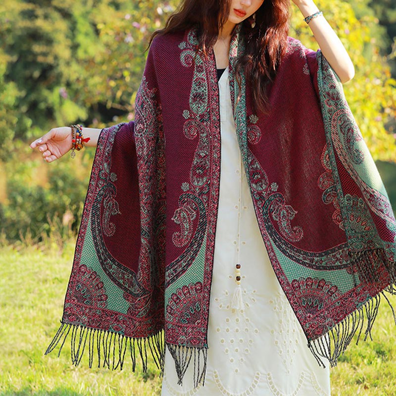 Buddha Stonesチベットの蔓葉模様デザイン ショール 心地よい旅行用スカーフ ラップ - 赤緑 - image 13