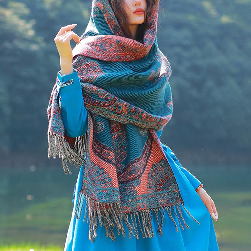 Buddha Stonesチベットの蔓葉模様デザイン ショール 心地よい旅行用スカーフ ラップ - 青 - image 22