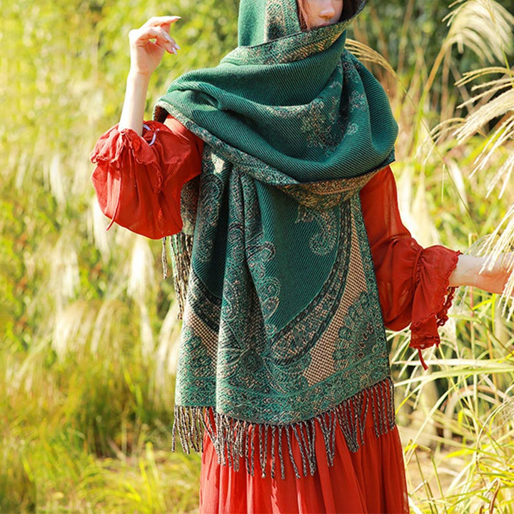 Buddha Stonesチベットの蔓葉模様デザイン ショール 心地よい旅行用スカーフ ラップ - ダークグリーン - image 31