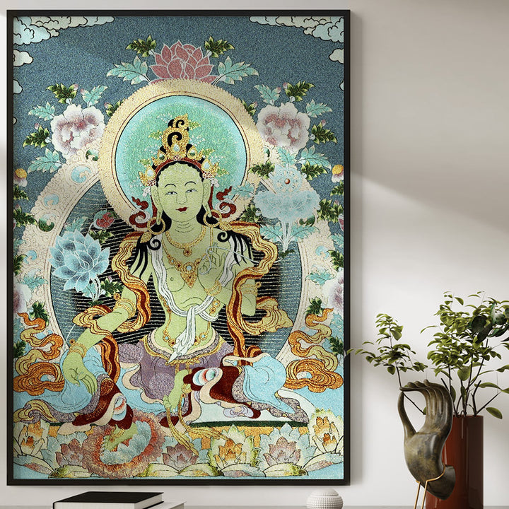 Buddha Stonesチベット刺繍 ホワイト ターラ タンカ タペストリー 壁掛け 壁アート 瞑想 室内装飾用 - image 3