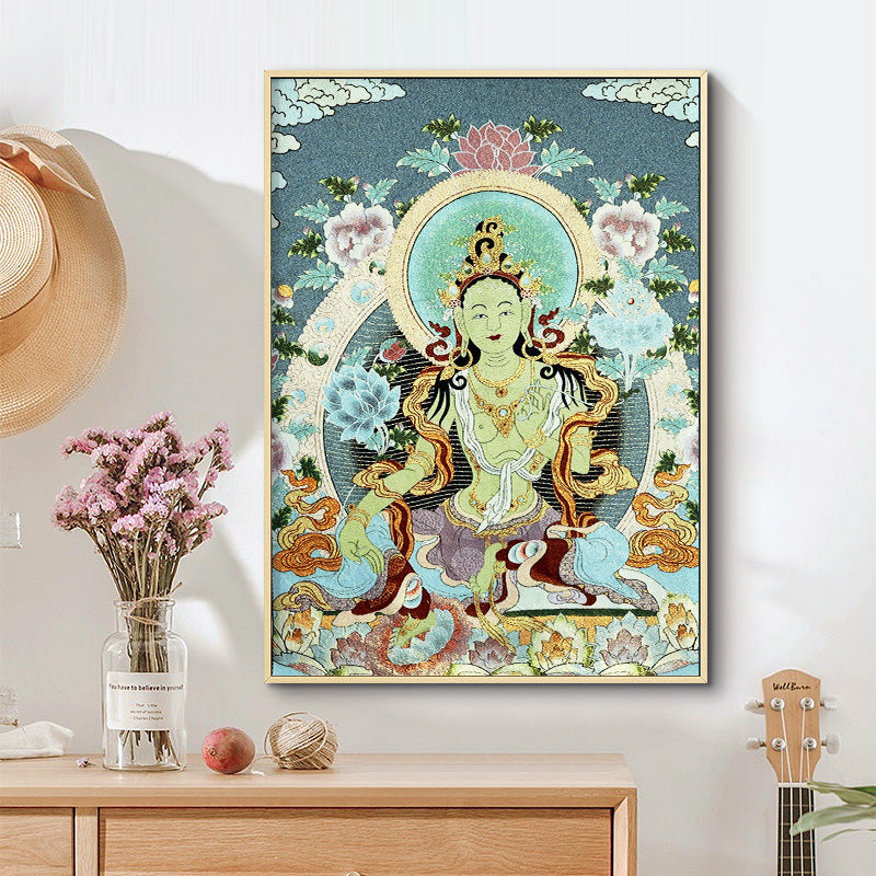 Buddha Stonesチベット刺繍 ホワイト ターラ タンカ タペストリー 壁掛け 壁アート 瞑想 室内装飾用