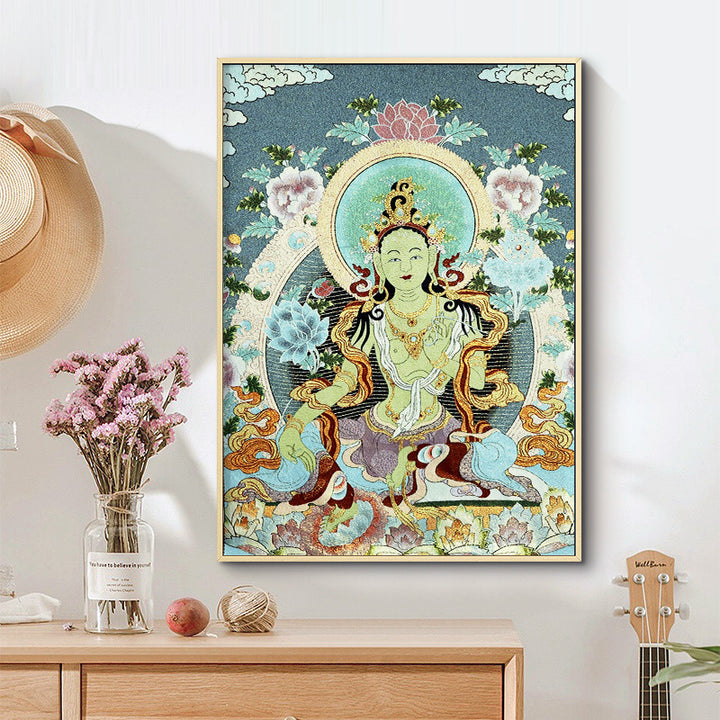 Buddha Stonesチベット刺繍 ホワイト ターラ タンカ タペストリー 壁掛け 壁アート 瞑想 室内装飾用 - image 2
