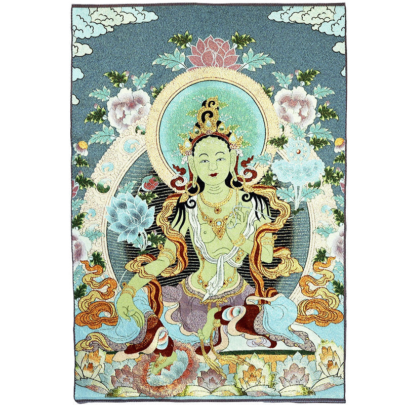 Buddha Stonesチベット刺繍 ホワイト ターラ タンカ タペストリー 壁掛け 壁アート 瞑想 室内装飾用 - image 4