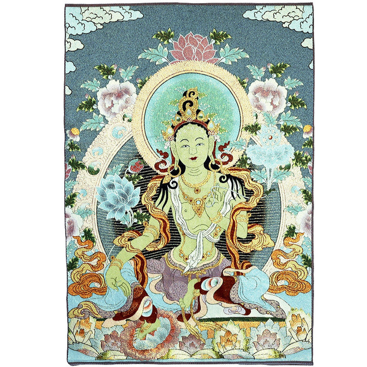 Buddha Stonesチベット刺繍 ホワイト ターラ タンカ タペストリー 壁掛け 壁アート 瞑想 室内装飾用 - image 4