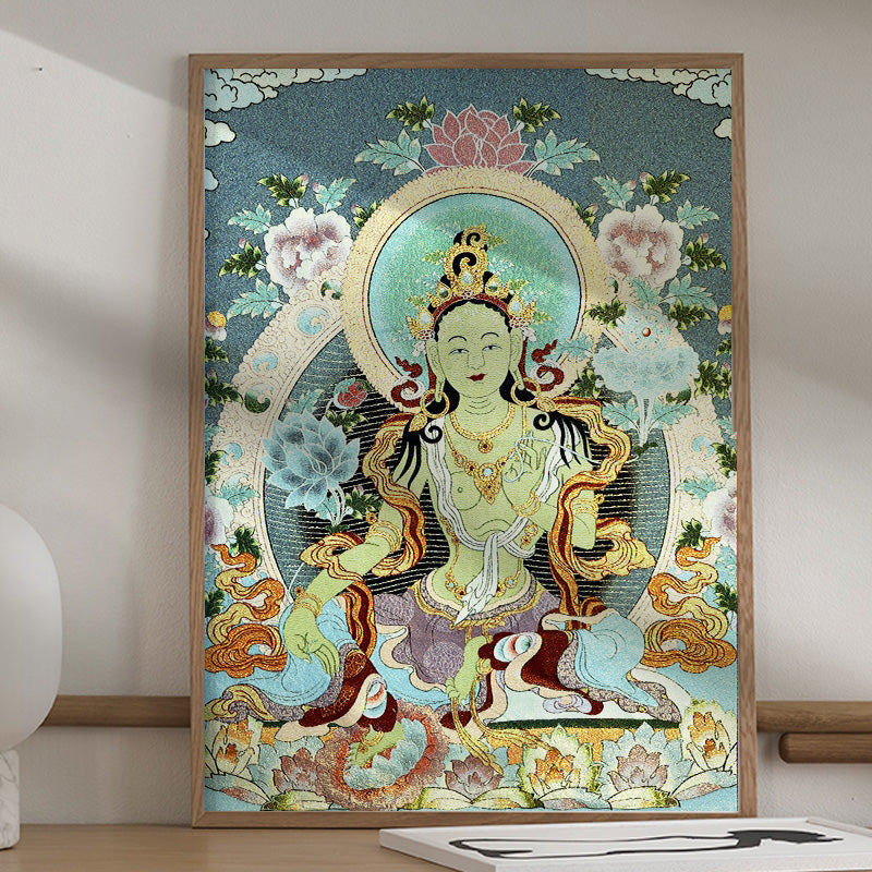 Buddha Stonesチベット刺繍 ホワイト ターラ タンカ タペストリー 壁掛け 壁アート 瞑想 室内装飾用 - 24×36インチ（60×90cm） - image 0