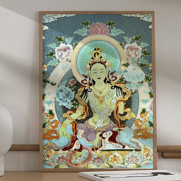 Buddha Stonesチベット刺繍 ホワイト ターラ タンカ タペストリー 壁掛け 壁アート 瞑想 室内装飾用 - 24×36インチ（60×90cm） - image 0