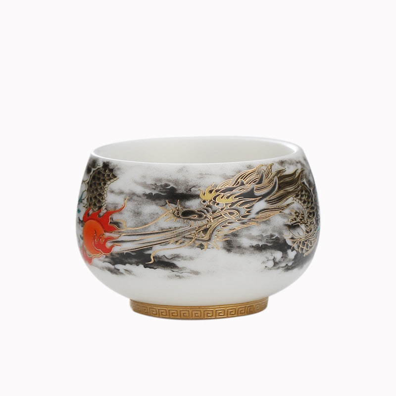 Buddha Stones龍と真珠の遊び模様白磁陶器ティーカップカンフーティーカップ160ml