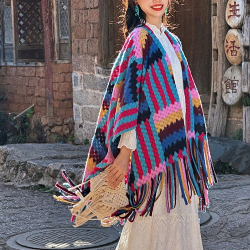 Buddha Stonesチベットショール キャンディカラー編み模様 冬用 心地よい旅行用ニットタッセルスカーフラップ - image 5