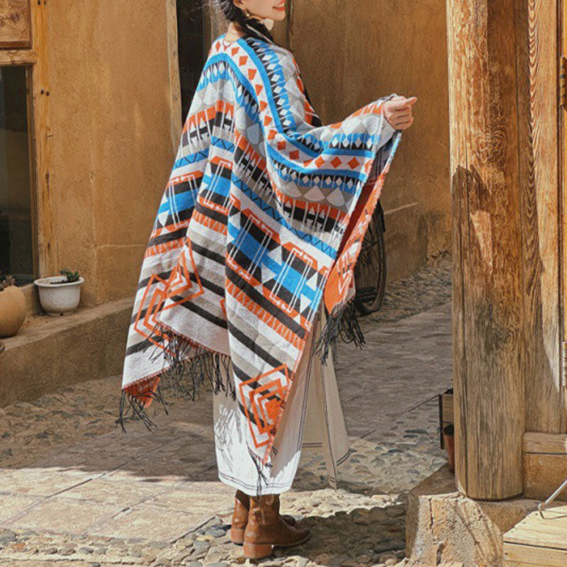 Buddha Stonesチベットショール ストライプ 幾何学模様 冬 快適 旅行 タッセル スカーフ ラップ - ブルーグレー 130×150cm - image 0