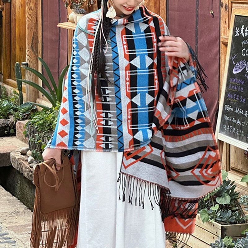 Buddha Stonesチベットショール ストライプ 幾何学模様 冬 快適 旅行 タッセル スカーフ ラップ